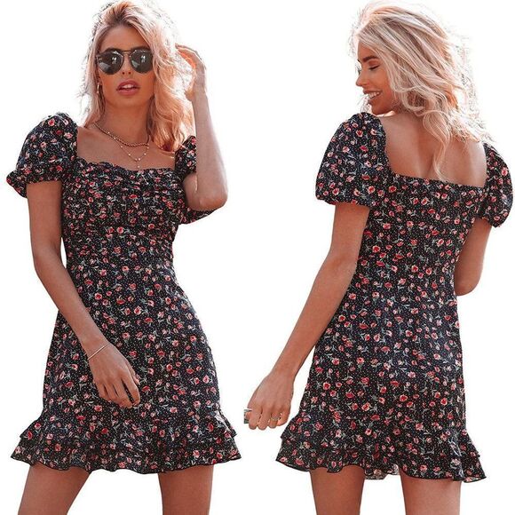 Ruched Short Puff Sleeve Casual Flounce Hem Floral Cute Mini Dress SIZE S NEW - Picture 1 of 8